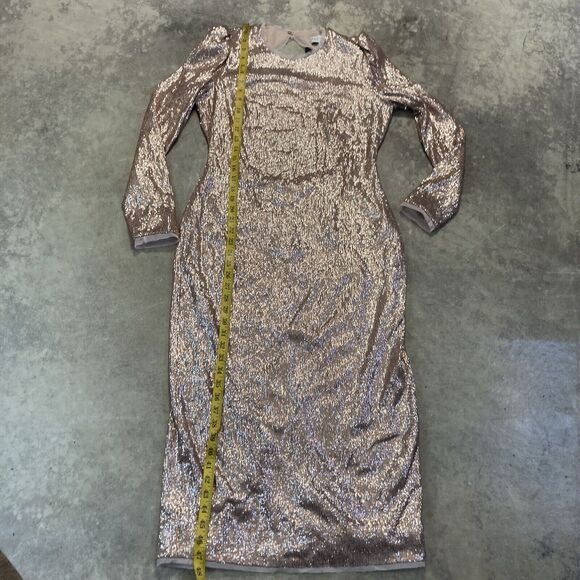 Rachel Zoe Dress Womens 10 Sequin Jeane Champagne Midi Cut Out Back Long Sleeve - Picture 6 of 12